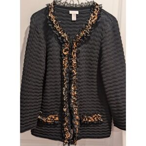 Chicos Black Textured Knit Cardigan Leopard Trim Ruffle V-Neck Womens Size 1